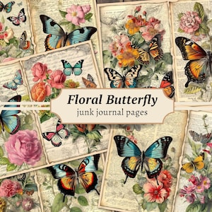 Vintage Schmetterling Junk Journal Seiten, digitales Floral Scrapbook Papier, druckbare Collage Sheet, Blumen Ephemera Journal Kit, Instant Download