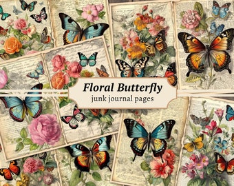 Vintage Butterfly Junk Journal Pages, Digital Floral Scrapbook Paper, Printable Collage Sheet, Flower Ephemera Journal Kit, Instant Download