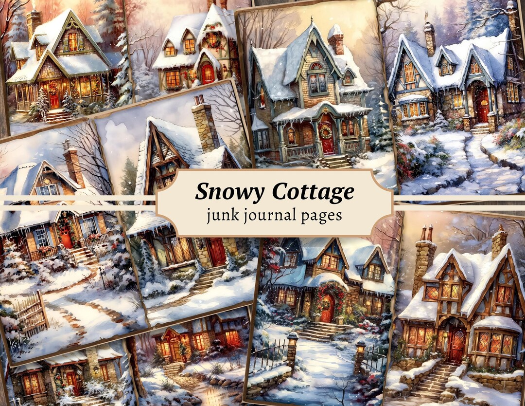 Snowy Cottage Junk Journal Pages, Digital Scrapbook Paper Kit, Winter ...