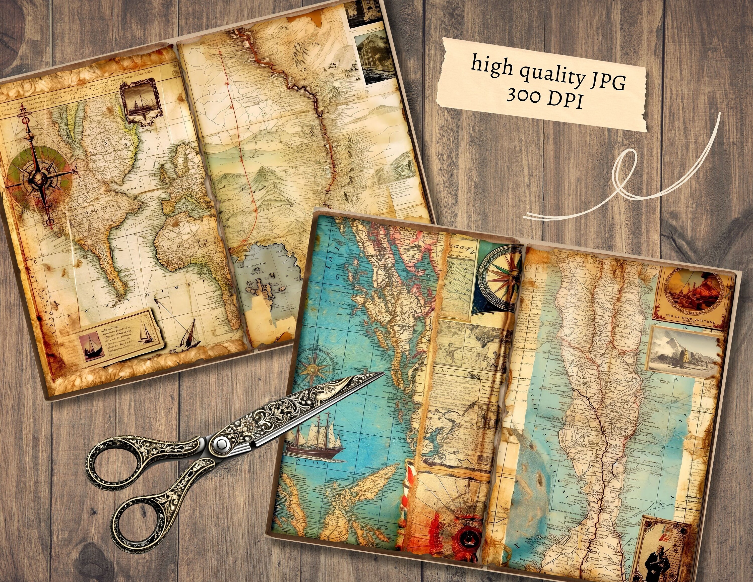 Vintage Maps Junk Journal Pages, Digital Scrapbook Paper Kit, Travel ...