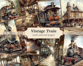 Vintage Train Junk Journal Pages, Digital Scrapbook Paper Kit, Locomotive Printable, Collage Sheet, Travel Ephemera, Victorian Background