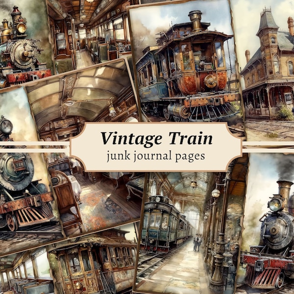 Vintage Train Junk Journal Pages, Digital Scrapbook Paper Kit, Locomotive Printable, Collage Sheet, Travel Ephemera, Victorian Background