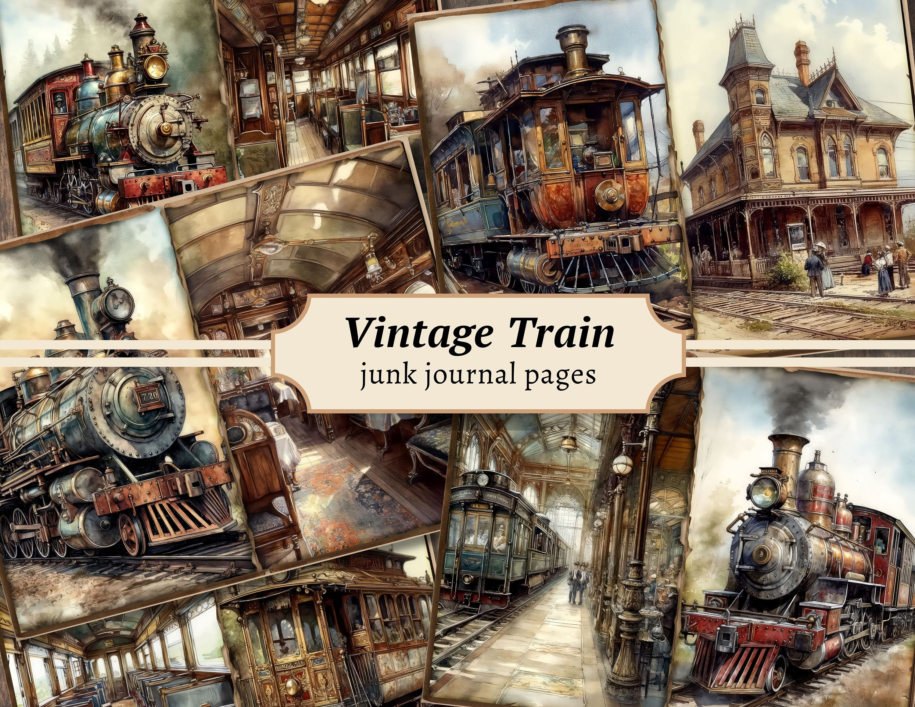 Vintage Train Junk Journal Pages, Digital Scrapbook Paper Kit, Locomotive Printable, Collage Sheet, Travel Ephemera, Victorian Background