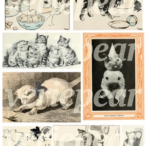 Puede incluir: Un collage de ilustraciones vintage con gatos en varias poses. Las im&aacute;genes incluyen gatos jugando con una pelota, un gato con un sombrero y un gato persiguiendo un rat&oacute;n. Las im&aacute;genes son en blanco y negro y tienen un toque caprichoso.