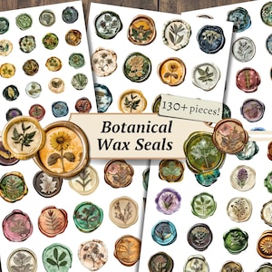 Cachets de cire botaniques, embellissements imprimables de carnets indésirables, feuille de collage de fleurs, kit éphémère vintage, faux cachets de cire, album numérique