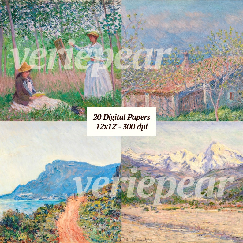 May include: A digital paper pack featuring 20 different images inspired by Impressionist paintings. The images depict scenes of nature, including a woman painting outdoors, a mountain range, and a path leading to a body of water. The images are 12x12 inches and 300 dpi.