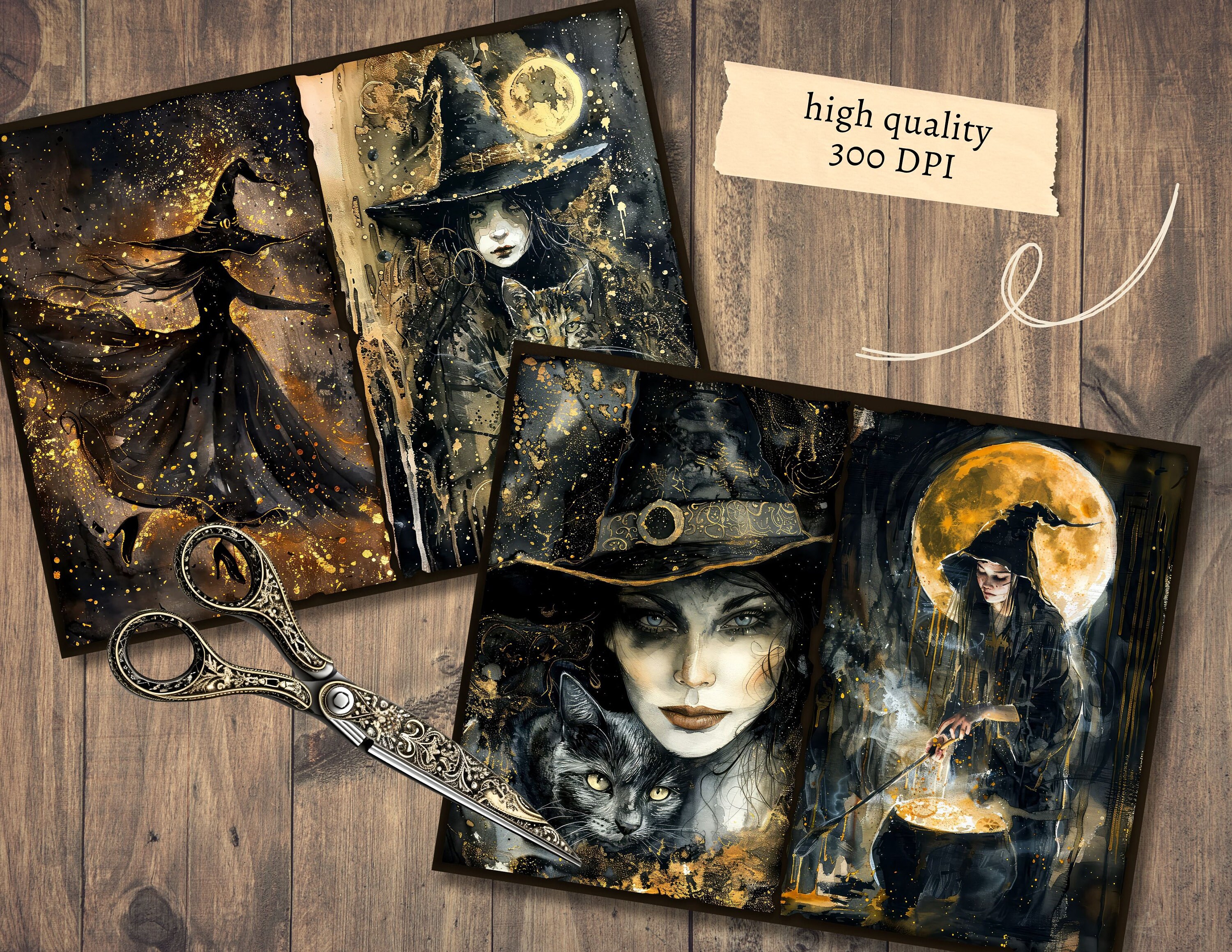 Golden Witch Junk Journal Pages, Digital Scrapbook Paper Kit, Mystic ...