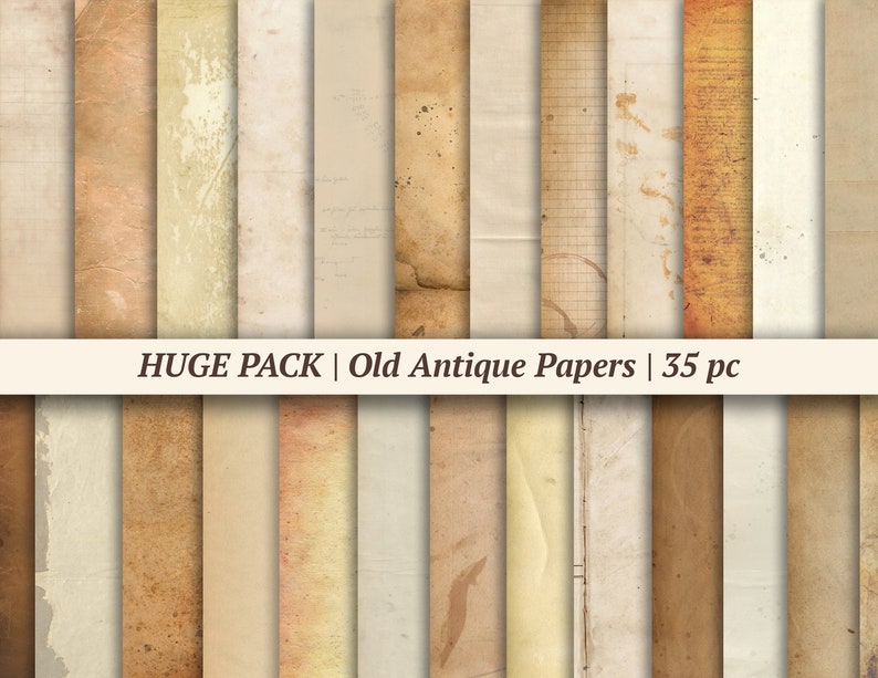 May include: A collection of 35 vintage paper textures in various shades of brown, beige, and cream. The papers have a distressed, aged look with visible creases, folds, and stains.