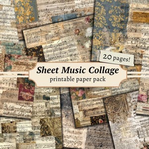 Sheet Music Collage Printable Paper Pack, Old Junk Journal Page, Digital Scrapbook Background, Antique Texture Kit, Vintage Collage Sheet