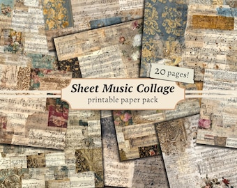 Sheet Music Collage Printable Paper Pack, Old Junk Journal Page, Digital Scrapbook Background, Antique Texture Kit, Vintage Collage Sheet