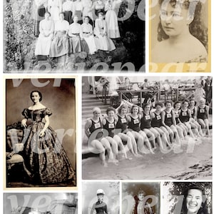 May include: A collage of vintage black and white photographs featuring women in various settings. The images include a group of women sitting on a rock, a woman in a formal dress, a group of women in swimsuits, a woman with a flower crown, and a woman smiling.