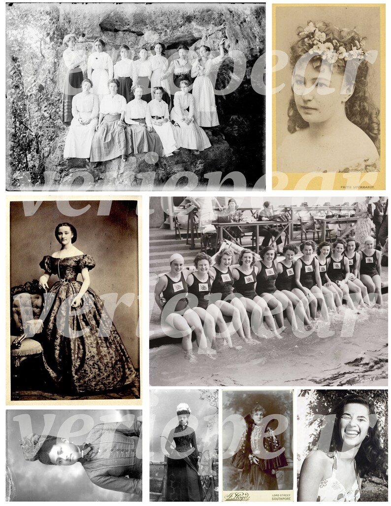 May include: A collage of vintage black and white photographs featuring women in various settings. The images include a group of women sitting on a rock, a woman in a formal dress, a group of women in swimsuits, a woman with a flower crown, and a woman smiling.
