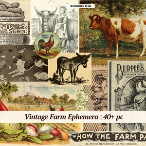 Coisas efêmeras de fazenda vintage | Mais de 40 unidades | folha de colagem digital, kit de diário de lixo rural para impressão, papel para álbum de recortes da vida na fazenda, imagens de animais de fazenda