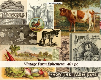 Vintage bondgårds-ephemera | 40+ st | digitalt collageark, utskrivbart skräpjournalkit för lantlig användning, scrapbookingpapper för bondgårdsliv, bilder på bondgårdsdjur