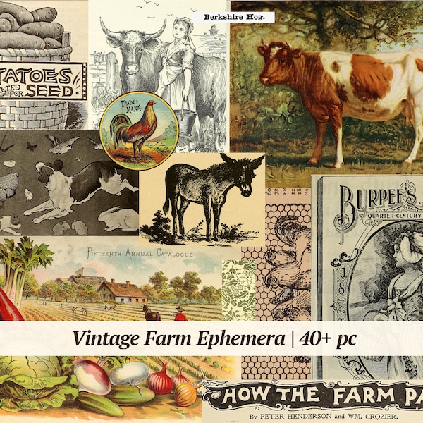 Vintage Farm Ephemera | 40+ pc | digital collage sheet, printable country junk journal kit, farm life scrapbook paper, farm animal images