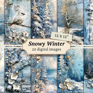 Digitale winterpapieren, pagina ongewenste dagboeken, sneeuwplakboekkit, afdrukbaar winterbos, kaarten maken, vintage ephemera, mixed media collage