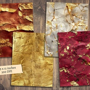 May include: Four digital paper textures with a distressed, aged look. The papers are in shades of red, gold, and white with gold leaf accents. The papers are 8.5 x 11 inches and 300 DPI.