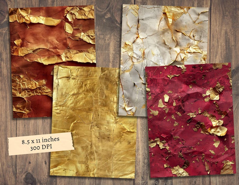May include: Four digital paper textures with a distressed, aged look. The papers are in shades of red, gold, and white with gold leaf accents. The papers are 8.5 x 11 inches and 300 DPI.