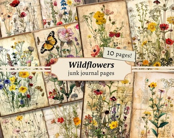 Wildflowers Junk Journal Pages, Digital Scrapbook Paper Kit, Flowers Printable, Floral Collage Sheet, Botanical Download, Vintage Journal