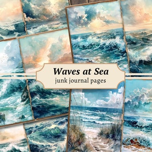 Waves at Sea ongewenste dagboekpagina's, digitale plakboekkit, afdrukbaar strand, collageblad kust, vintage oceaandownload, nautische ATC