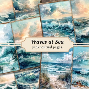 Waves at Sea Junk Journal Pages, Digital Scrapbook Paper Kit, Beach Printable, Coastal Collage Sheet, Vintage Ocean Download, Nautical ATC