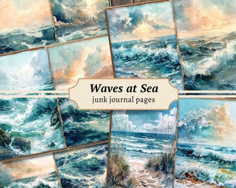 Waves at Sea Junk Journal Pages, Digital Scrapbook Paper Kit, Beach Printable, Coastal Collage Sheet, Vintage Ocean Download, Nautical ATC