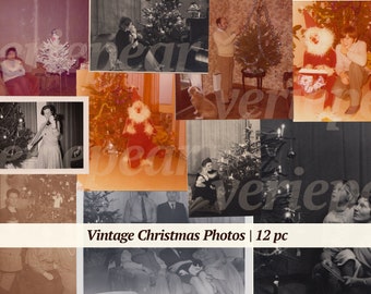 Puede incluir: Un collage de fotos de Navidad vintage con familias reunidas alrededor de árboles de Navidad decorados, una persona vestida de Papá Noel y un perro.