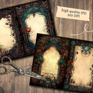 May include: Three printable digital scrapbook paper designs with ornate frames and floral accents. Each design features a blank space for adding text or images. The papers are perfect for creating invitations, cards, or other paper crafts.