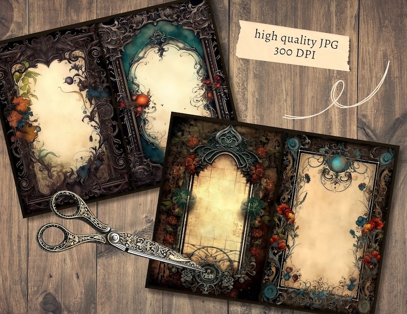 May include: Three printable digital scrapbook paper designs with ornate frames and floral accents. Each design features a blank space for adding text or images. The papers are perfect for creating invitations, cards, or other paper crafts.
