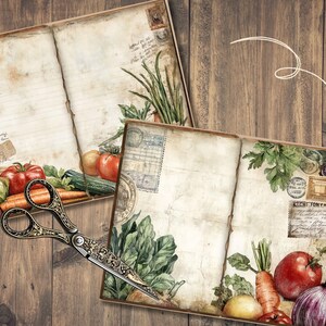 May include: Two open vintage-style journals with illustrations of vegetables, a wine bottle, and stamps. A pair of ornate scissors rests on the pages. The background is a wooden surface, creating a rustic aesthetic.