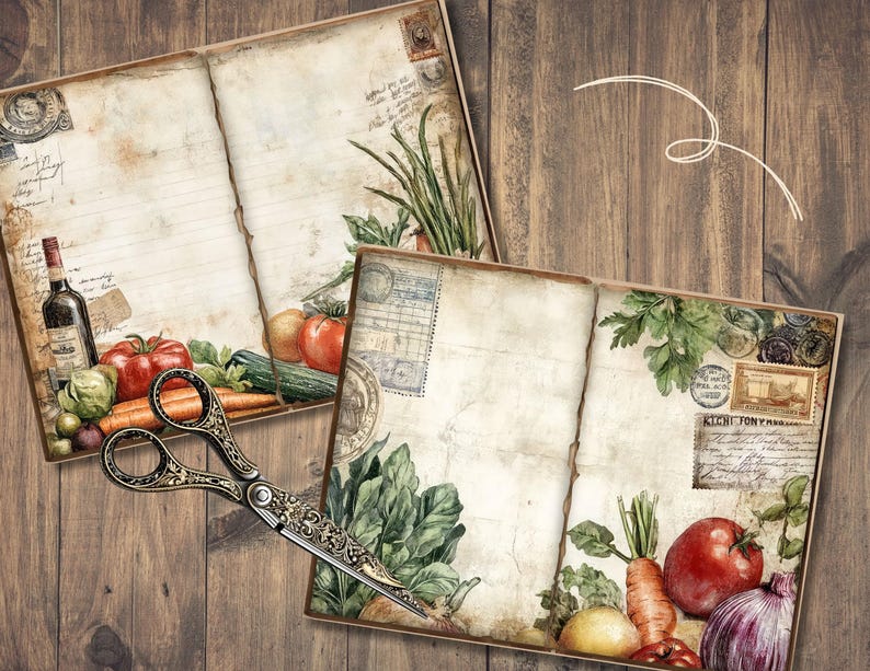 May include: Two open vintage-style journals with illustrations of vegetables, a wine bottle, and stamps. A pair of ornate scissors rests on the pages. The background is a wooden surface, creating a rustic aesthetic.