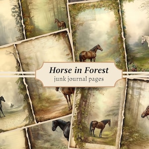 Paard in het bos ongewenste dagboekpagina's, digitale aquarel paarden, vintage ephemera, afdrukbaar collageblad, logboekpapier, plakboekkit