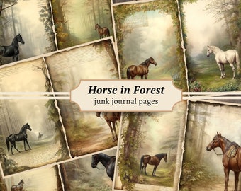 May include: A collage of vintage-style images featuring horses in a forest setting. The images are printed on paper with a distressed, aged look. The title "Horse in Forest junk journal pages" is displayed at the center of the collage.