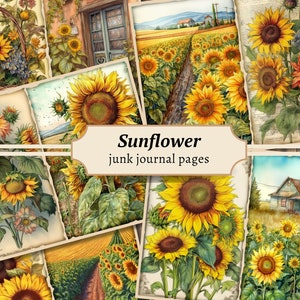 Sonnenblume Junk Journal Seiten, Digitales Scrapbook Papier Kit, druckbares Floral Collage Sheet, Vintage Blumen Ephemera, Shabby Chic Download