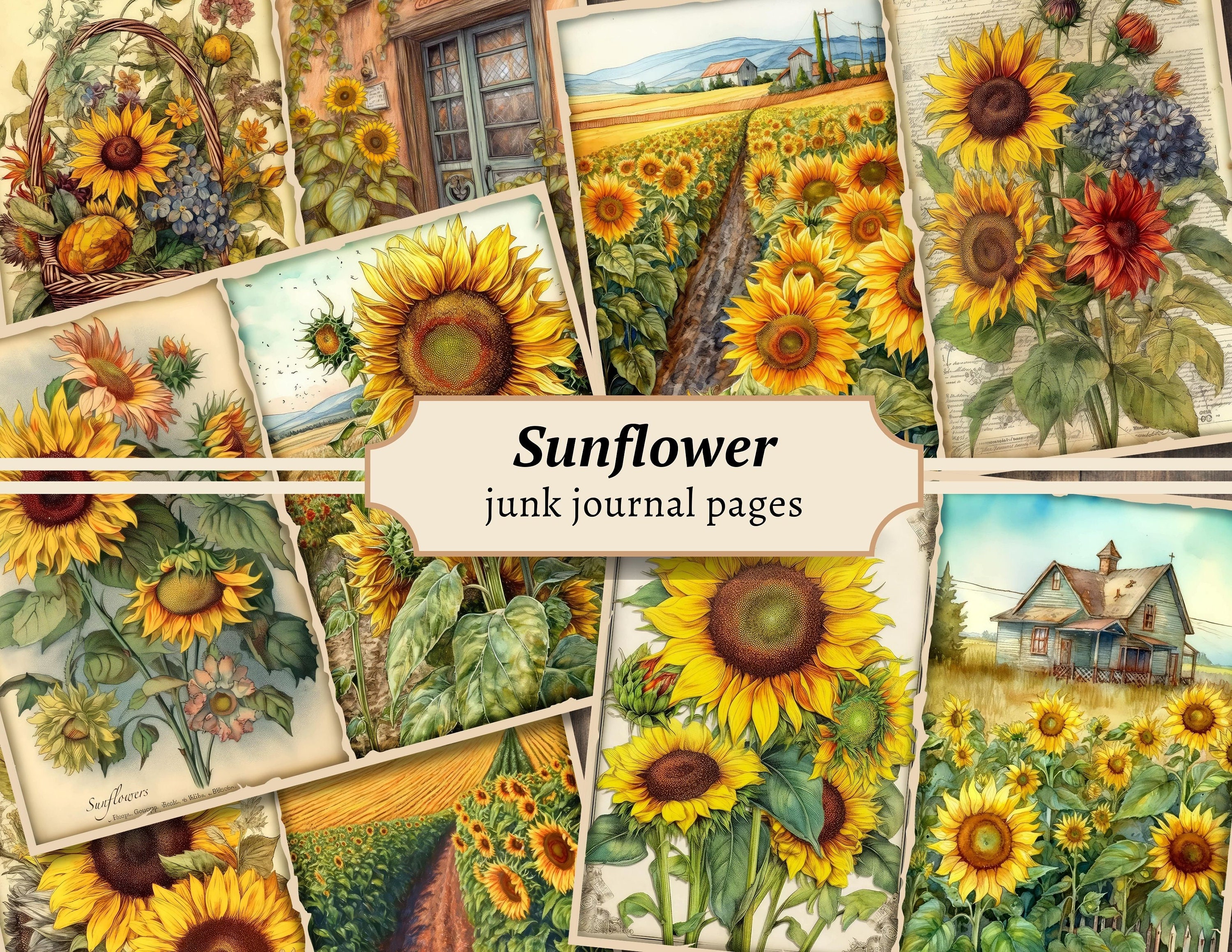Sunflower Junk Journal Pages, Digital Scrapbook Paper Kit, Printable ...