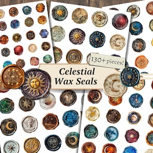 Sellos de cera celestial, adornos de diario basura imprimibles, hoja de collage de luna, kit de efímera vintage, sellos de cera sintética, álbum de recortes digital
