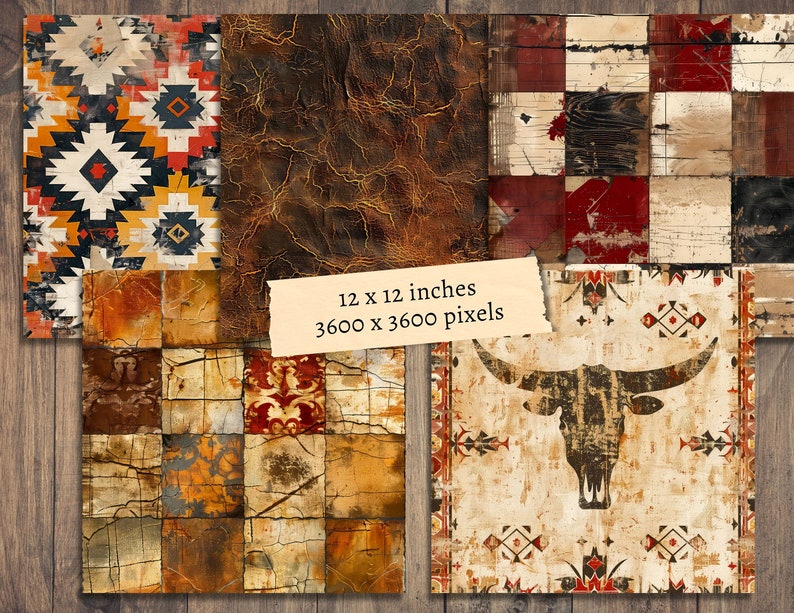 May include: A collection of five 12 x 12 inches (30.48 x 30.48 cm) patterned papers with a rustic, southwestern theme. Designs include geometric patterns, cracked textures, and a bull skull illustration. The papers have a distressed, vintage look.