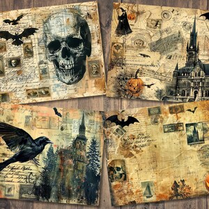 May include: Four vintage-style Halloween themed digital papers with a distressed, aged look.  The papers feature images of a skull, a crow, a haunted house, and a jack-o-lantern.
