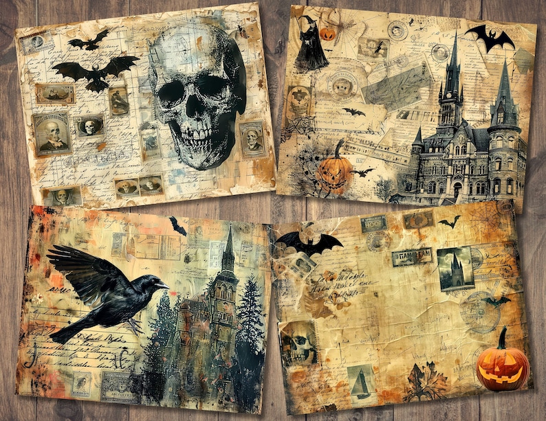 May include: Four vintage-style Halloween themed digital papers with a distressed, aged look.  The papers feature images of a skull, a crow, a haunted house, and a jack-o-lantern.