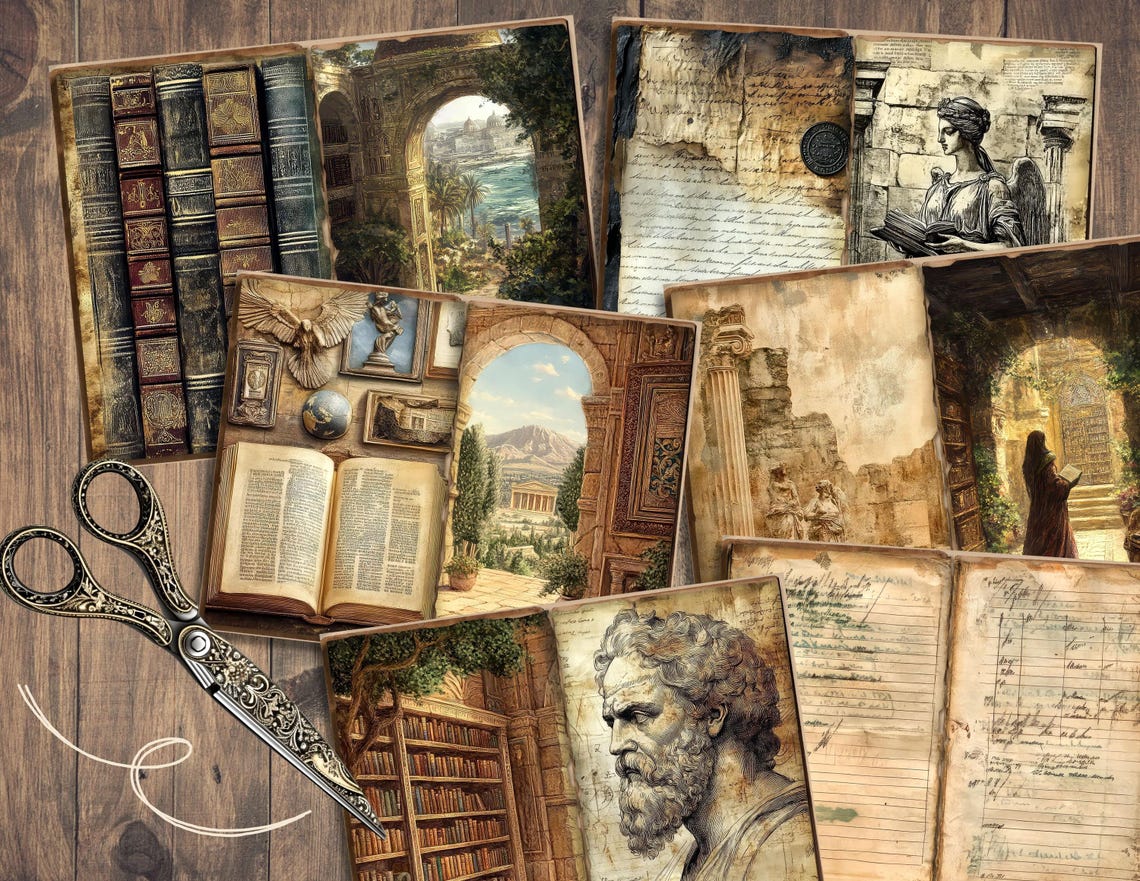 Library of Alexandria Junk Journal Kit, Digital Scrapbook Paper ...