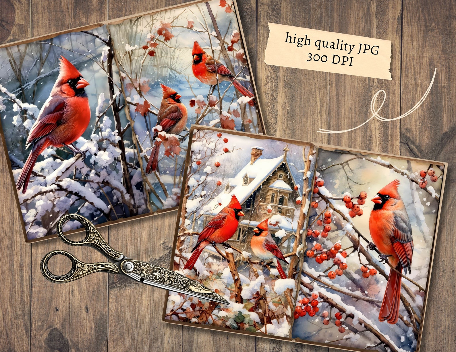 Winter Cardinal Junk Journal Pages, Digital Scrapbook Paper Kit, Snowy ...