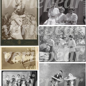 May include: A collage of vintage photographs featuring women in various poses and settings. The images are in black and white and have a faded, antique look.
