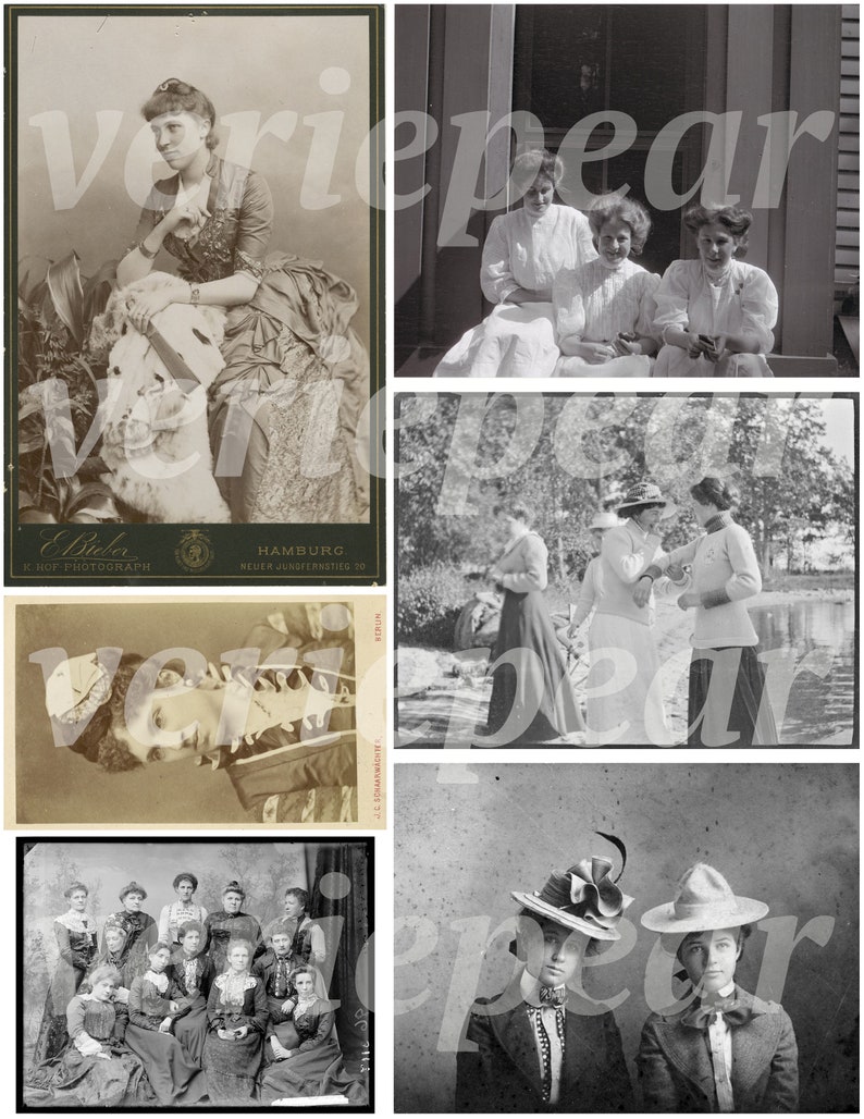 May include: A collage of vintage photographs featuring women in various poses and settings. The images are in black and white and have a faded, antique look.
