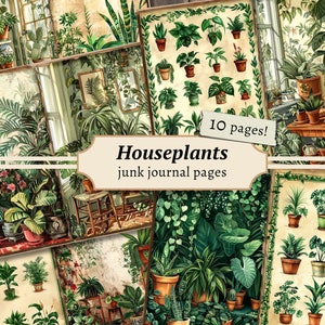 Houseplants Junk Journal Pages, kit de papel de álbum de recortes digital, imprimible botánico, hoja de collage de plantas, efímera vintage, tarjetas de botánica de jardín