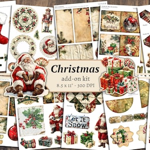 Kerst-add-on-junkjournaalkit, digitaal plakboek, wintervakantie afdrukbaar, feestelijke pagina's, collagevel kerstman, vintage ephemera