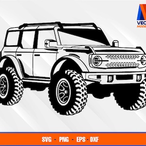 May include: Black and white illustration of a rugged off-road vehicle with large tires. The vehicle has a boxy design, a roof rack, and the text "VECTOR MODELLISTA". The bottom of the image includes the text "SVG - PNG - EPS - DXF".