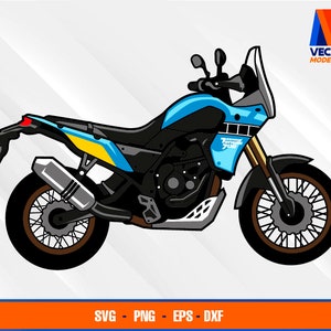 May include: A blue and black motorcycle with a yellow stripe on the side. The motorcycle has a large windshield and a luggage rack.