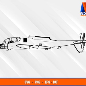 Könnte beinhalten: Schwarz-weiße Strichzeichnung eines Hubschraubers im Seitenprofil. Das Bild zeigt Cockpit, Rumpf und Heckrotor. Am unteren Rand steht "SVG - PNG - EPS - DXF". Das Logo von Vector Modellista befindet sich oben rechts.