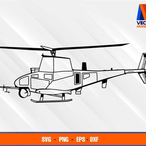 May include: Black and white line art illustration of a helicopter. The image includes the text "VECTOR MODELLISTA" and file type options: SVG, PNG, EPS, and DXF.