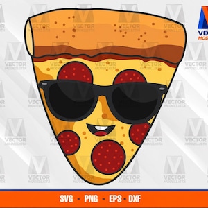May include: A cartoon illustration of a triangular pepperoni pizza slice wearing black sunglasses. The pizza has a golden yellow crust, melted yellow cheese, and several round red pepperoni slices. It features a smiling face with a small mouth.